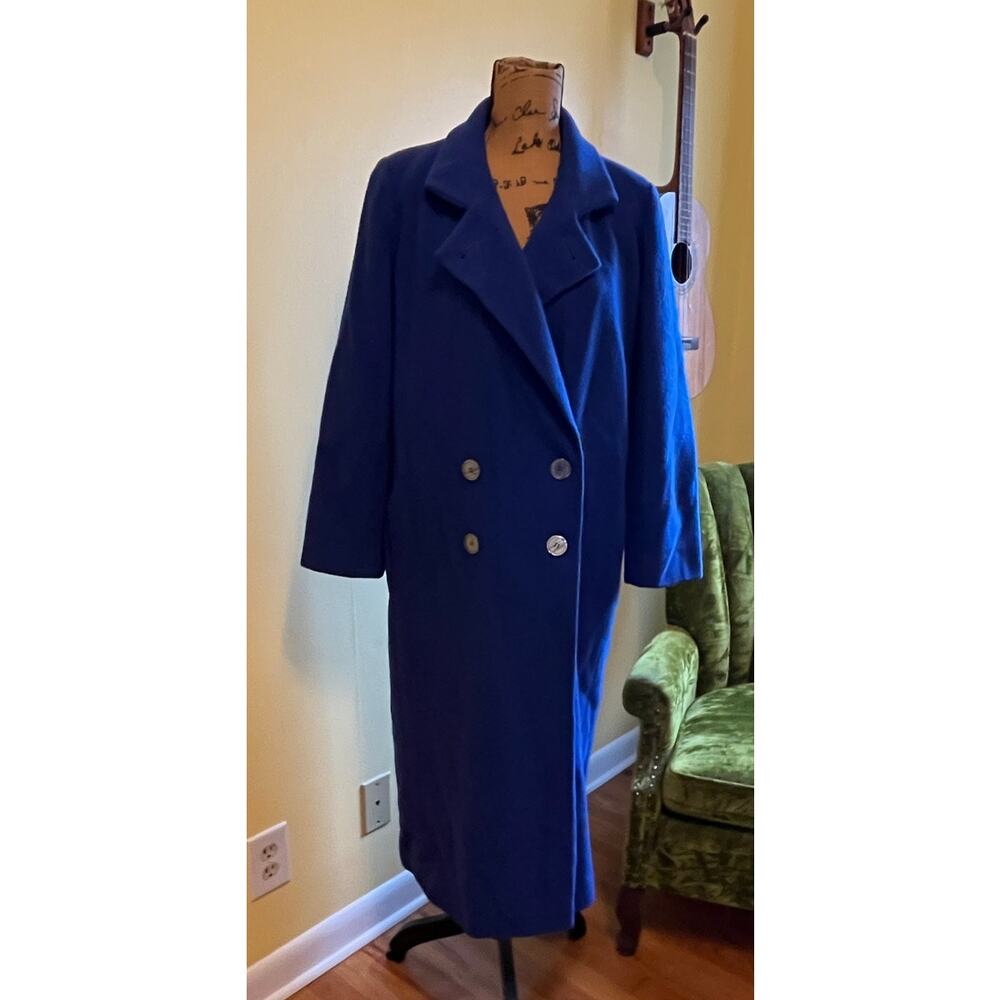 VTG 1980s Royal Blue Wool Double Breasted Long Trench Coat Women's M